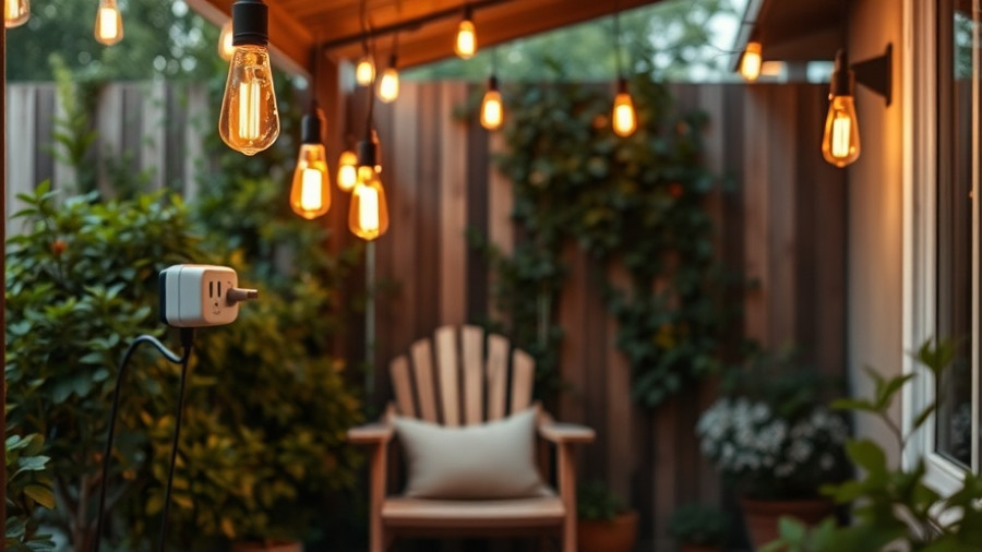 Cozy patio setup with smart plug and string lights, evening ambiance.