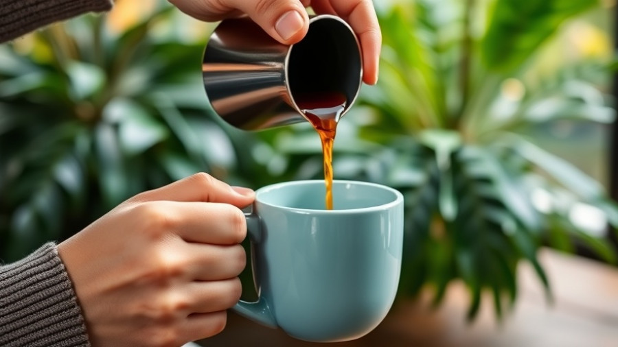 Making pour over coffee at home with a blue mug and green plants.