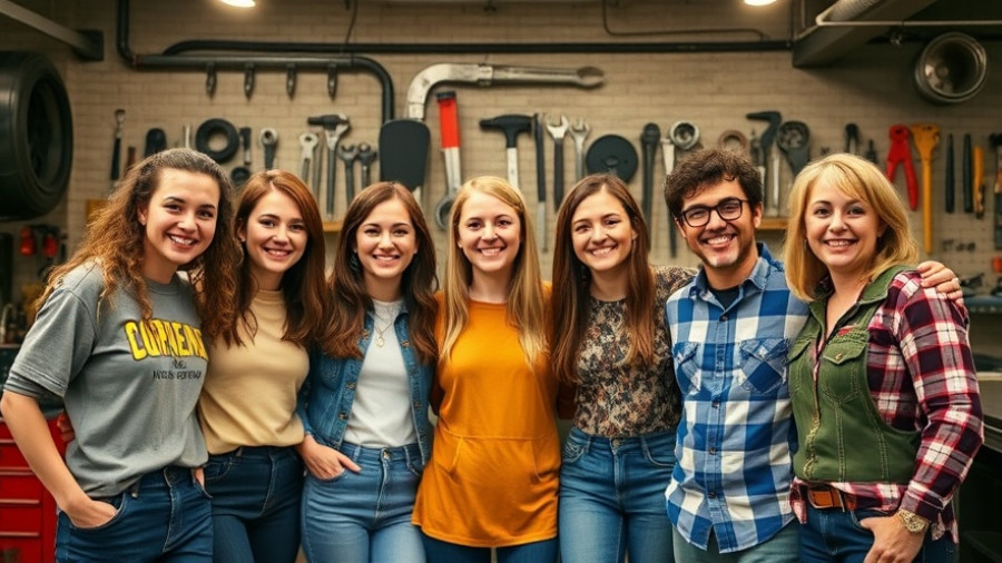 Home improvement team in a workshop setting wearing casual 90s attire.