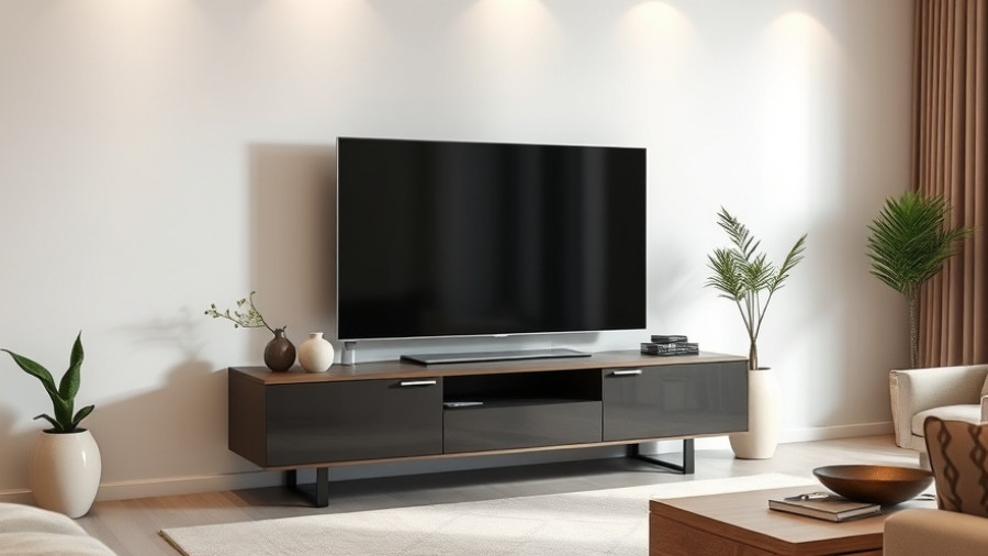 TV lift cabinet for bedroom with modern decor and plants.