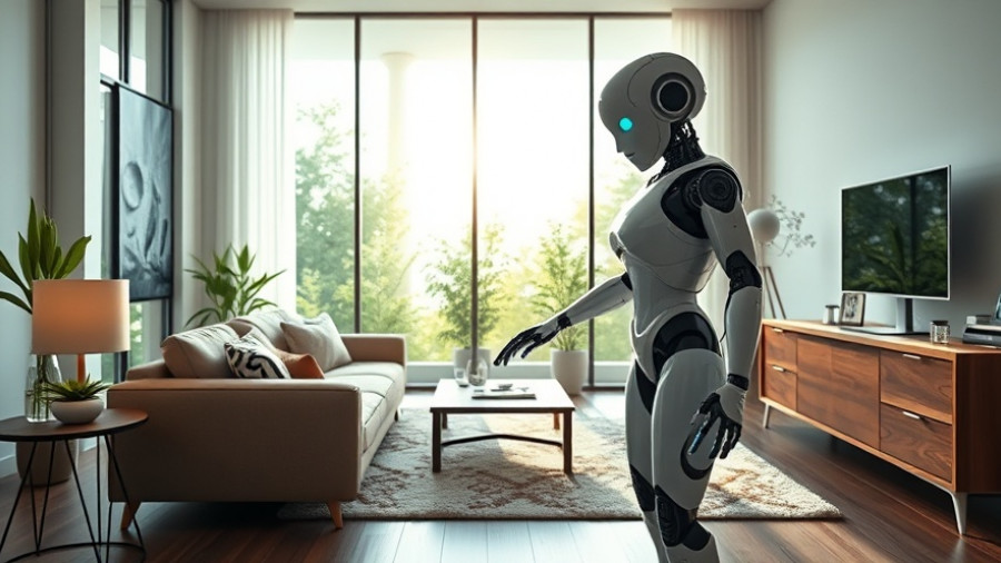 Humanoid home robot organizing living room in modern tranquil setting.