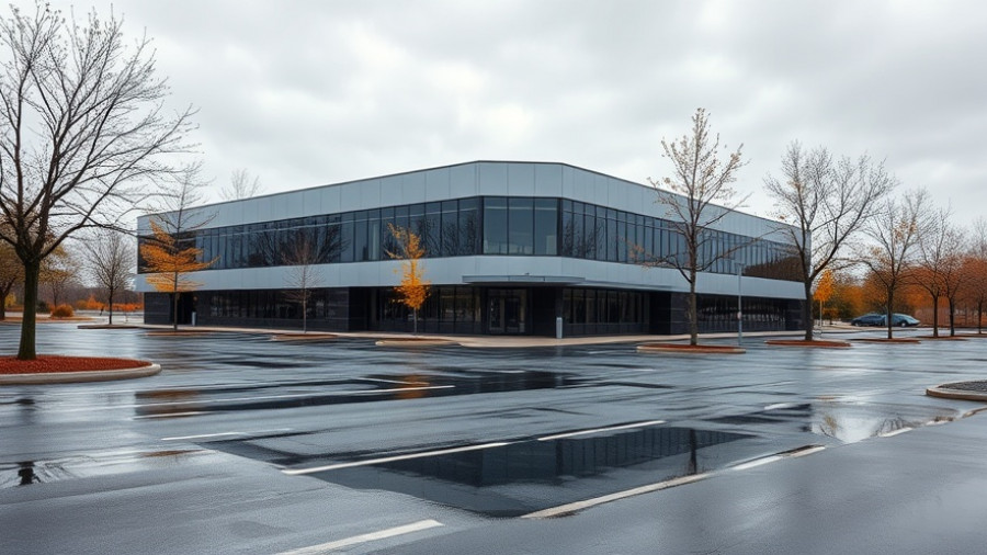 Modern office building with parking lot under cloudy sky.