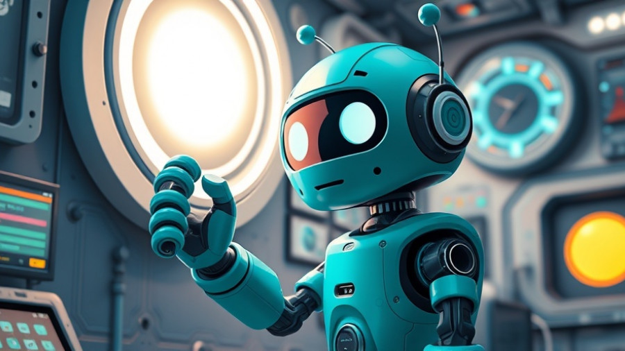 Cartoon robot assisting with smart light issues in a tech environment.