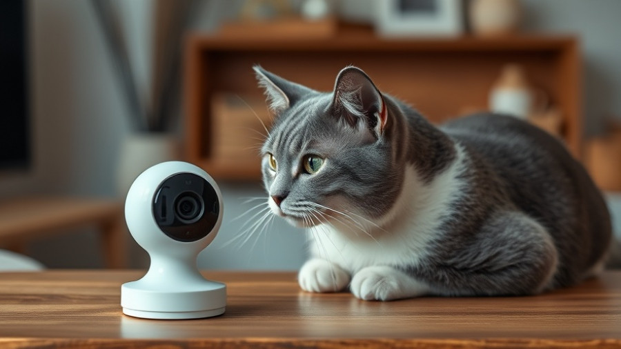 Smart home pet camera next to attentive cat on wooden surface.