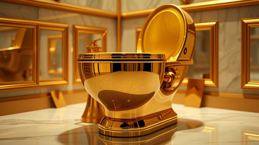 Luxurious gold-plated toilet as art piece in elegant bathroom.