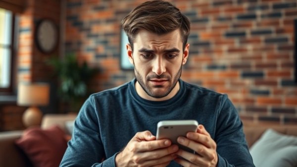 Frustrated man on phone experiencing social media account takeover.