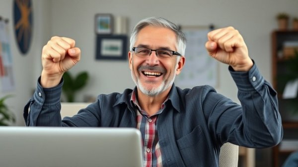 Mature man celebrating success on laptop, related to short certificate programs for higher-paying jobs.