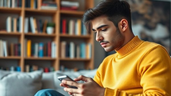 Thoughtful man looking at smartphone in modern living room.