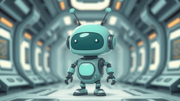 Cartoon teal robot in tech backdrop for battery life concept.