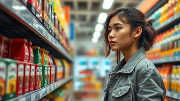 Young woman choosing coffee in a supermarket aisle, colorful packaging.