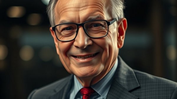 Confident elderly businessman in a gray suit with a red tie.