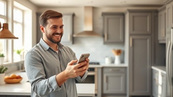 Casual man using his phone in a warm, modern kitchen.