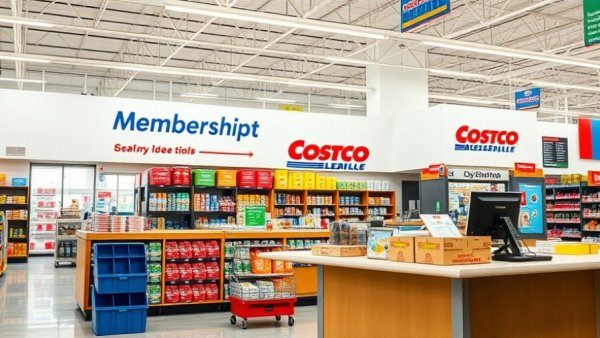 Costco membership counter with exclusive shopping hours signage.
