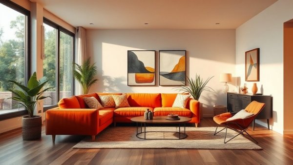 Cozy room décor with orange sofa and soft lighting in a modern living room.