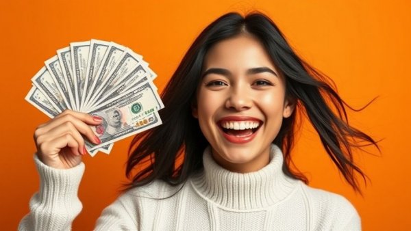 Woman celebrating with money, concept of money moves that save you $3000 annually.