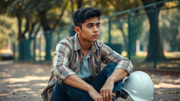 Pensive young man considering jobs that will shrink the fastest, outdoor setting.