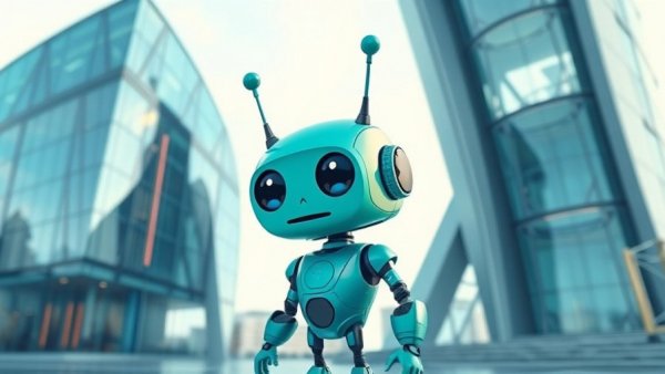 Cartoon robot near a futuristic building with geometric design.