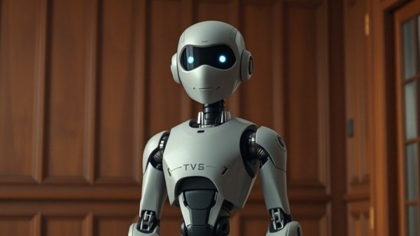 Minimalist humanoid robot in a wooden room, soft lighting.