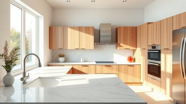 Modern kitchen with wooden cabinets and countertop showing kitchen cabinet height.