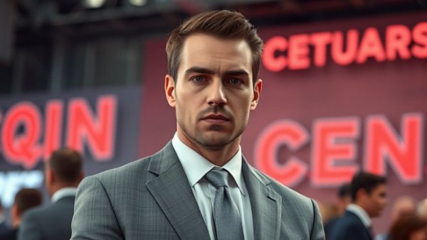 Man in grey suit at event backdrop, serious expression.