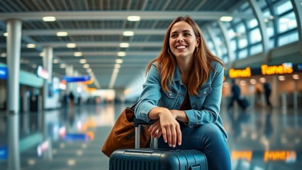 Joyful woman at airport saving on travel while cutting costs on your budget.