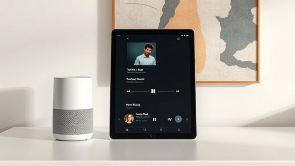 Minimalist smart home setup with tablet and voice assistant on white surface.