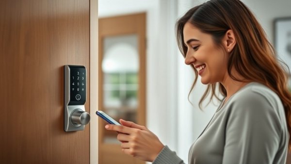 Smiling woman shows smartphone with smart lock app.