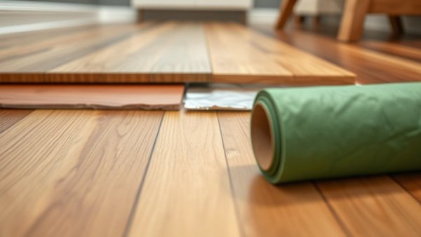 Close-up of hardwood floor underlayment options with material layers.