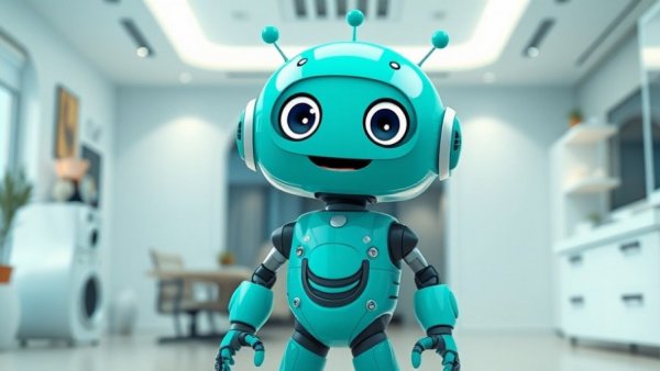 Cute turquoise robot in a smart home setting, vibrant cartoon style.