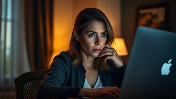 Woman worried about home device scams while using laptop.