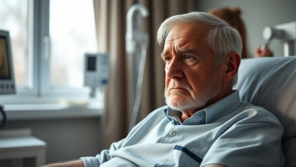 Medicare premiums increase: concerned elderly man with nurse in clinic.