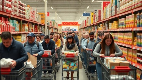 Customers shopping for home improvement deals at a crowded Costco.