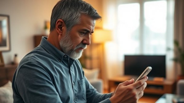Middle-aged man using phone to manage smart lighting for energy savings.