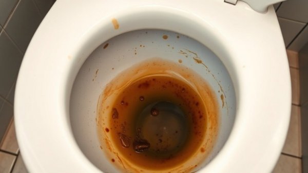 Close-up of a toilet bowl with hard water stains, bathroom setting.