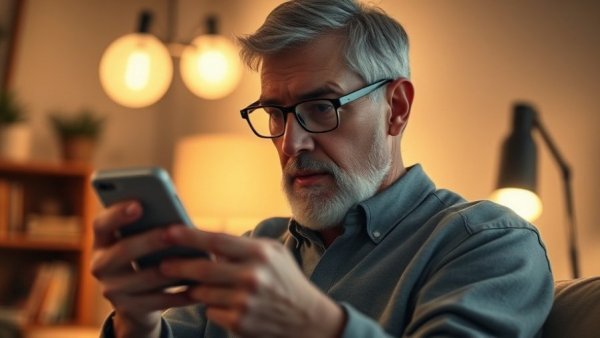 Man using smartphone for smart lighting in cozy home.