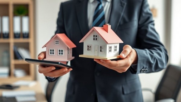 Businessman calculating finances holding a toy house, commercial real estate financing context.