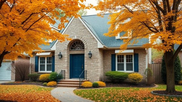 Charming suburban home in autumn with vibrant leaves.