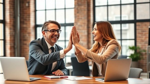 Business professionals celebrate success over small business loans in Texas.