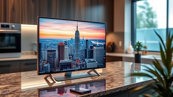 Smart home display showing city skyline on kitchen countertop, modern tech.