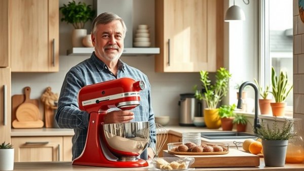 Happy man in kitchen using a red stand mixer with popular Amazon products.