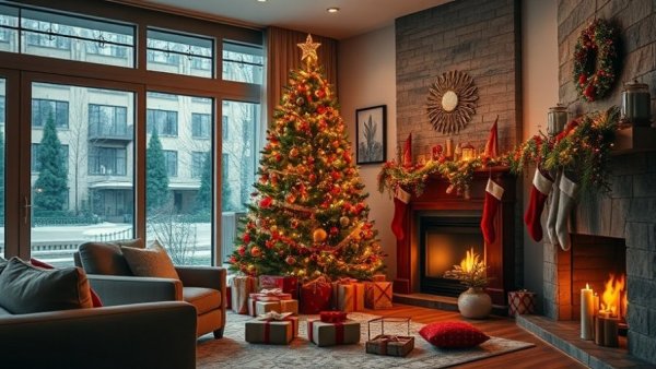 Cozy room with Christmas tree and themed gift exchange display.