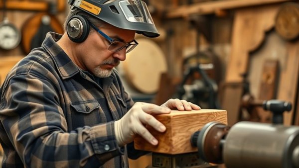 Artisan crafting wooden ornaments on a lathe in a workshop.