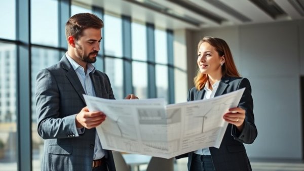 Professionals discuss solar energy and wind turbines in modern office.