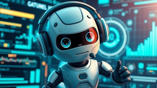 Futuristic cartoon robot with headphones analyzing digital data