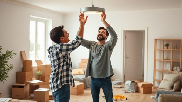 Couple upgrading lighting in living room for energy savings.
