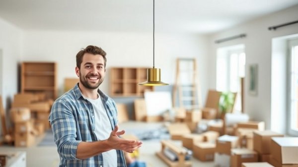Couple remodeling home with energy-efficient lighting, smiling.