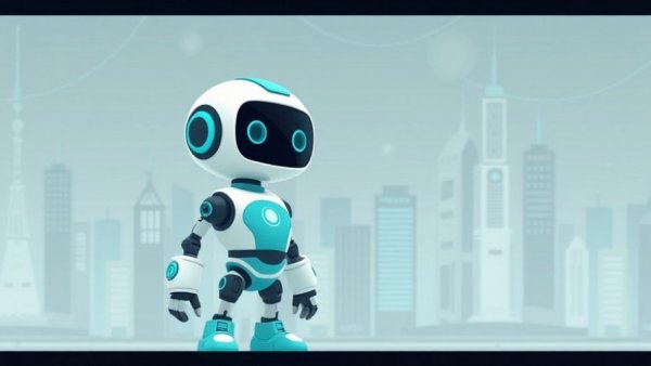 Robot character with a digital cityscape, illustrating 80% faster 5G.