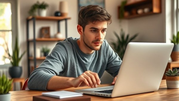 Young adult exploring loans online, cozy setting, natural light.