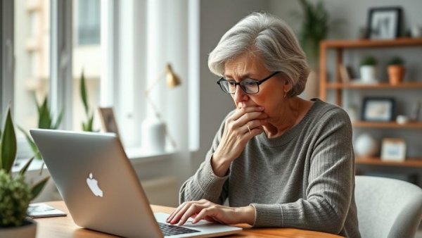 Elderly woman worried about online security, laptop use, home setting.