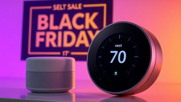 Google Nest Learning Thermostat savings displayed with vibrant Black Friday theme.